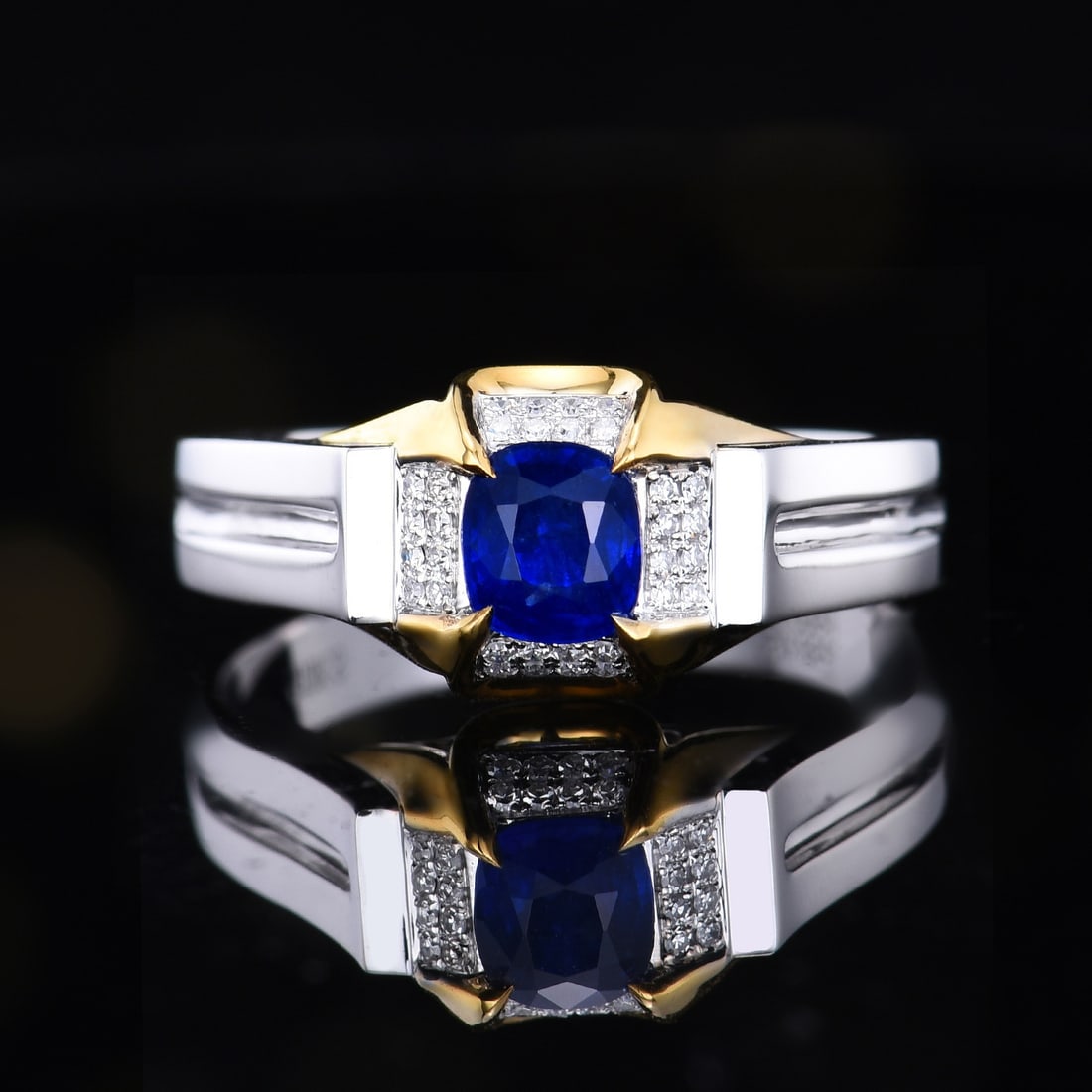 14k Gold 0.94 Ctw Natural Sapphire & Diamond Ring: Ref:231169030 // gold content:14k gold // ring size:8us // // main gemstone:sapphire // shape:cushion // carat weight:0. 85ct // color:blue // treatment:natural // // adjacent gemstone 2 : diamond //