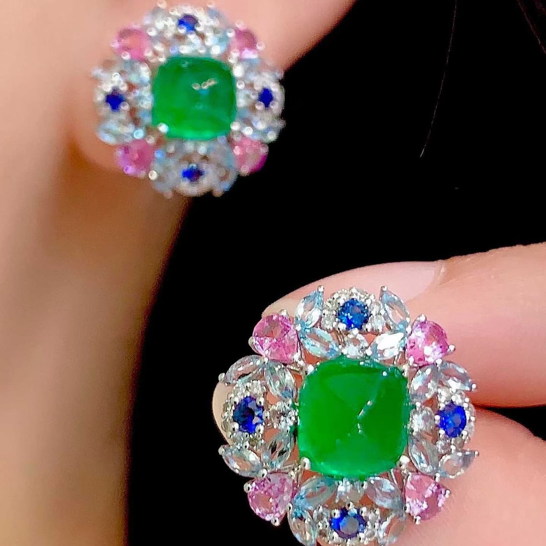 14k Gold 4.01 Ct Natural Emerald & Coloured Gemstone Earrings - 2