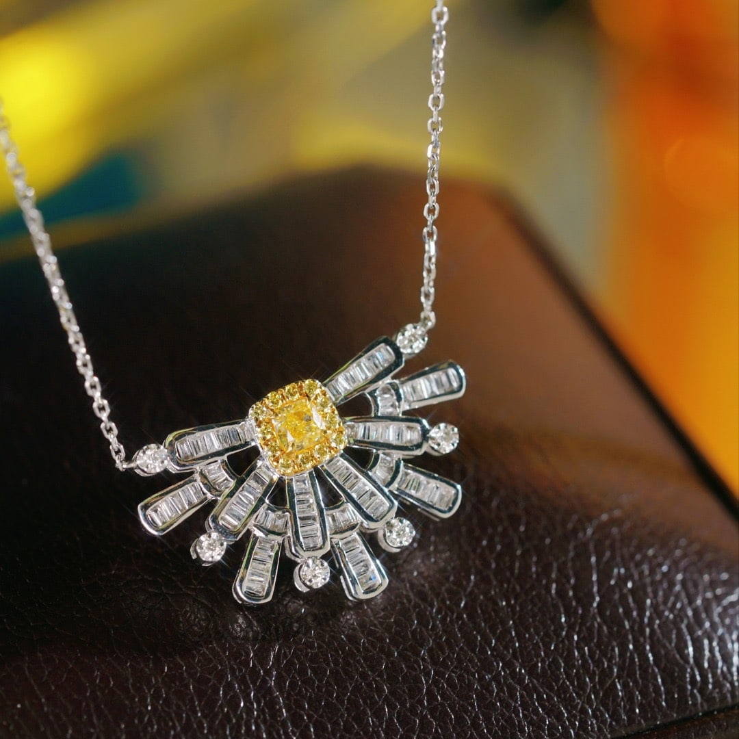 14k Gold 0.73 Ctw Natural Yellow Diamond & Diamond Necklace: Ref:231169052 // gold content:14k gold // main gemstone:yellow diamond // shape:cushion // carat weight:0. 21ct // color:yellow // treatment:natural // // adjacent gemstone 2 : diamond //