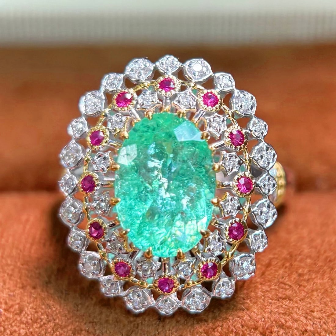 14k Gold 2.51 Ctw Natural Paraiba Tourmaline & Diamond Ring: Ref:231169065 // gold content:14k gold // ring size:7. 25us // // main gemstone:paraiba tourmaline // shape:oval // carat weight:2. 38ct // color:neon green // treatment:natural // // adjacent