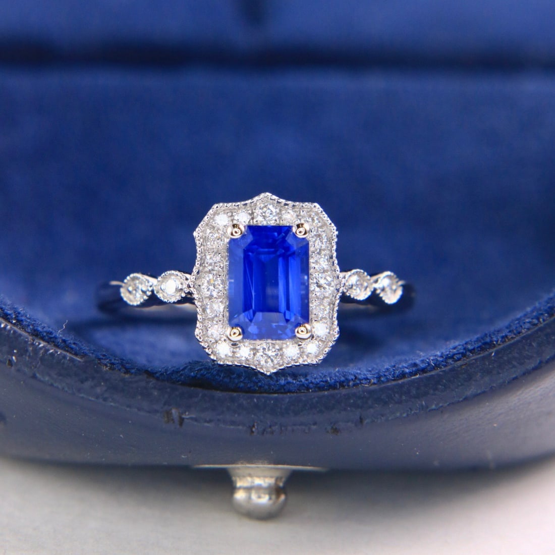 14k Gold 1.69 Ctw Natural Sapphire & Diamond Ring: Ref:231169080 // gold content:14k gold // ring size:7. 25us // // main gemstone:sapphire // shape:emerald // carat weight:1. 52ct // color:blue // treatment:natural // // adjacent gemstone 2 :