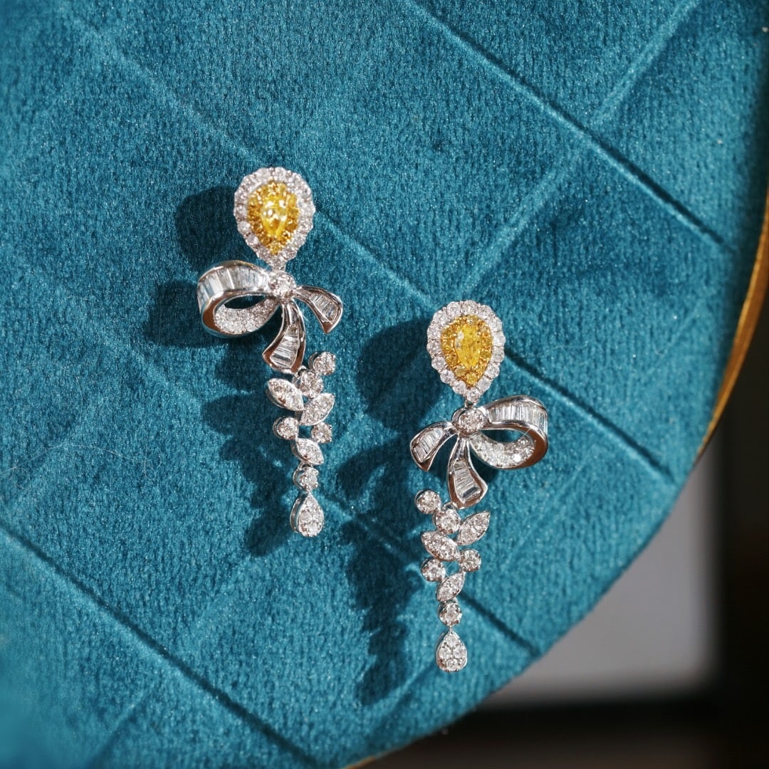 14k Gold 1.20 Ctw Natural Yellow Diamond & Diamond Earrings - 3