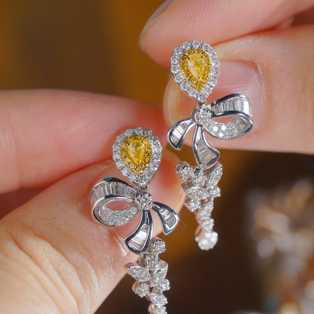 14k Gold 1.20 Ctw Natural Yellow Diamond & Diamond Earrings - 7