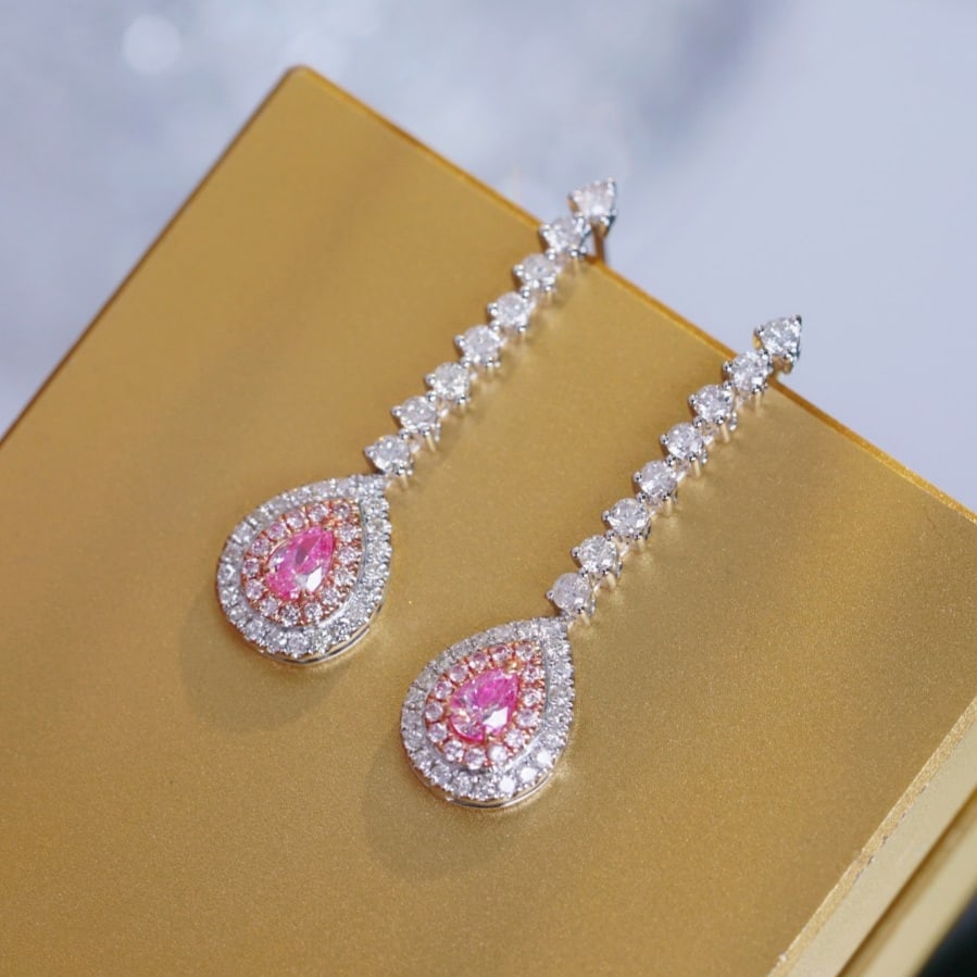 14k Gold 1.00 Ctw Natural Pink Diamond & Diamond Earrings - 3