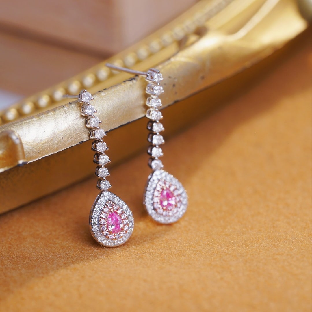 14k Gold 1.00 Ctw Natural Pink Diamond & Diamond Earrings - 4