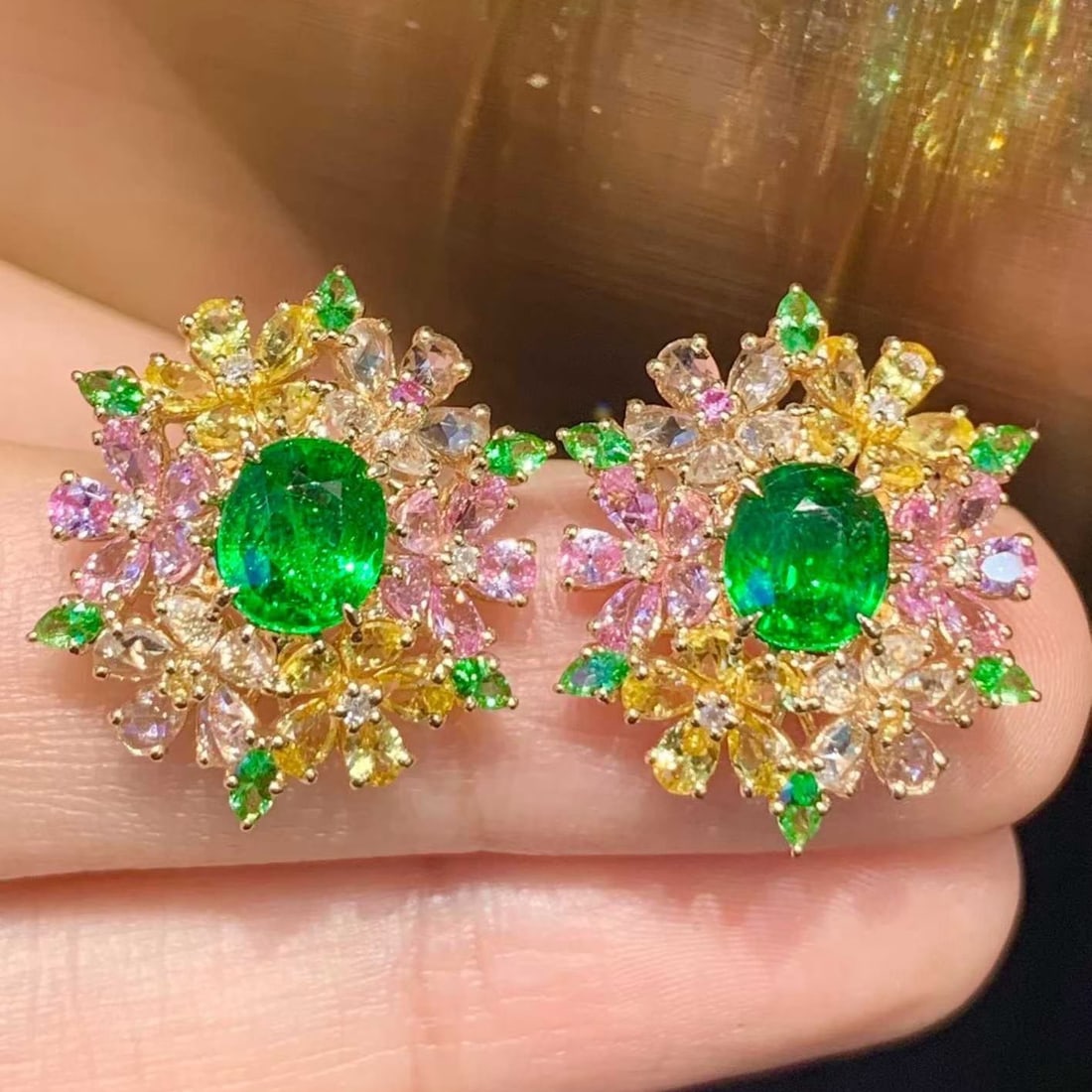 14k Gold 2.8 Ct Natural Tsavorite & Diamond & Coloured Gemstone Earrings - 2