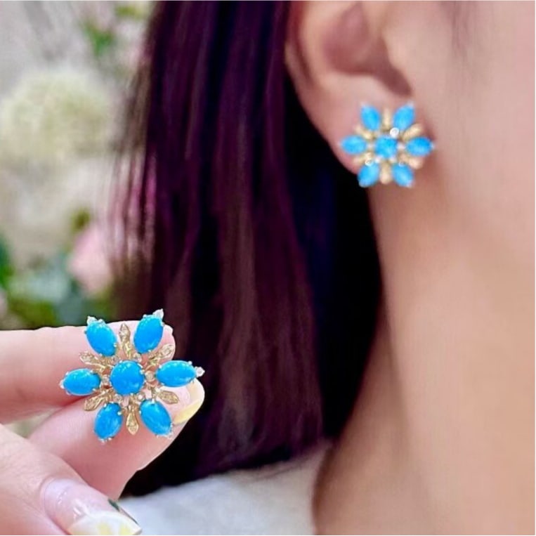 14k Gold 6.31 Ctw Natural Blue Turquoise & Diamond Earrings: Ref:231169115 // gold content:14k gold // main gemstone:blue turquoise // shape:multiple // carat weight:6. 08ct // color:blue // treatment:natural // // adjacent gemstone 2 : diamond // shape:round