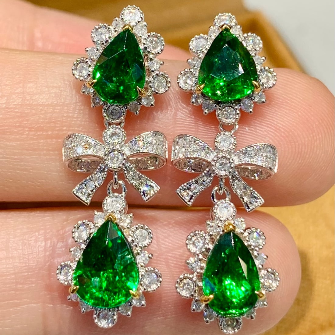 14k Gold 4.2 Ct Vivid Green Natural Tsavorite & Diamond Earrings - 2