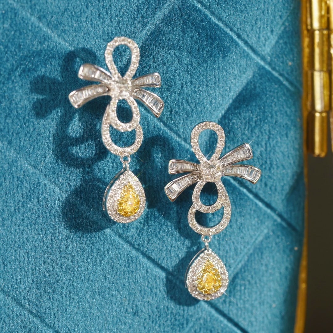 14k Gold 1.10 Ctw Natural Yellow Diamond & Diamond Earrings - 2