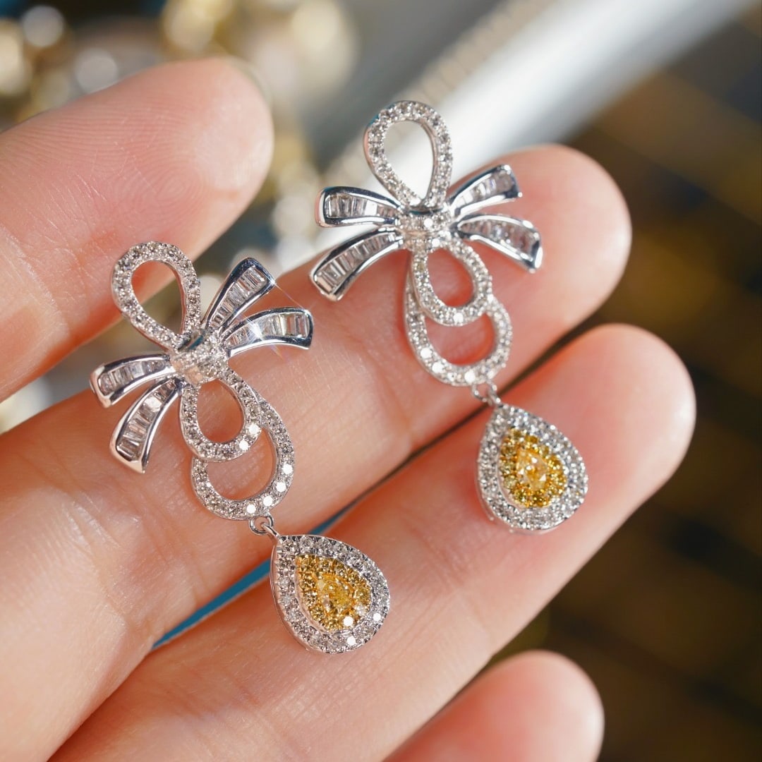 14k Gold 1.10 Ctw Natural Yellow Diamond & Diamond Earrings - 8