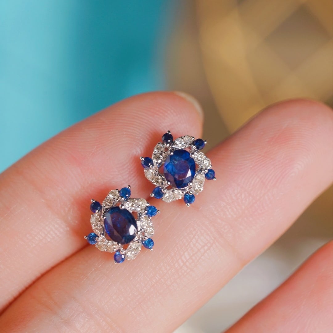 14k Gold 1.36 Ctw Natural Sapphire & Diamond Earrings - 2