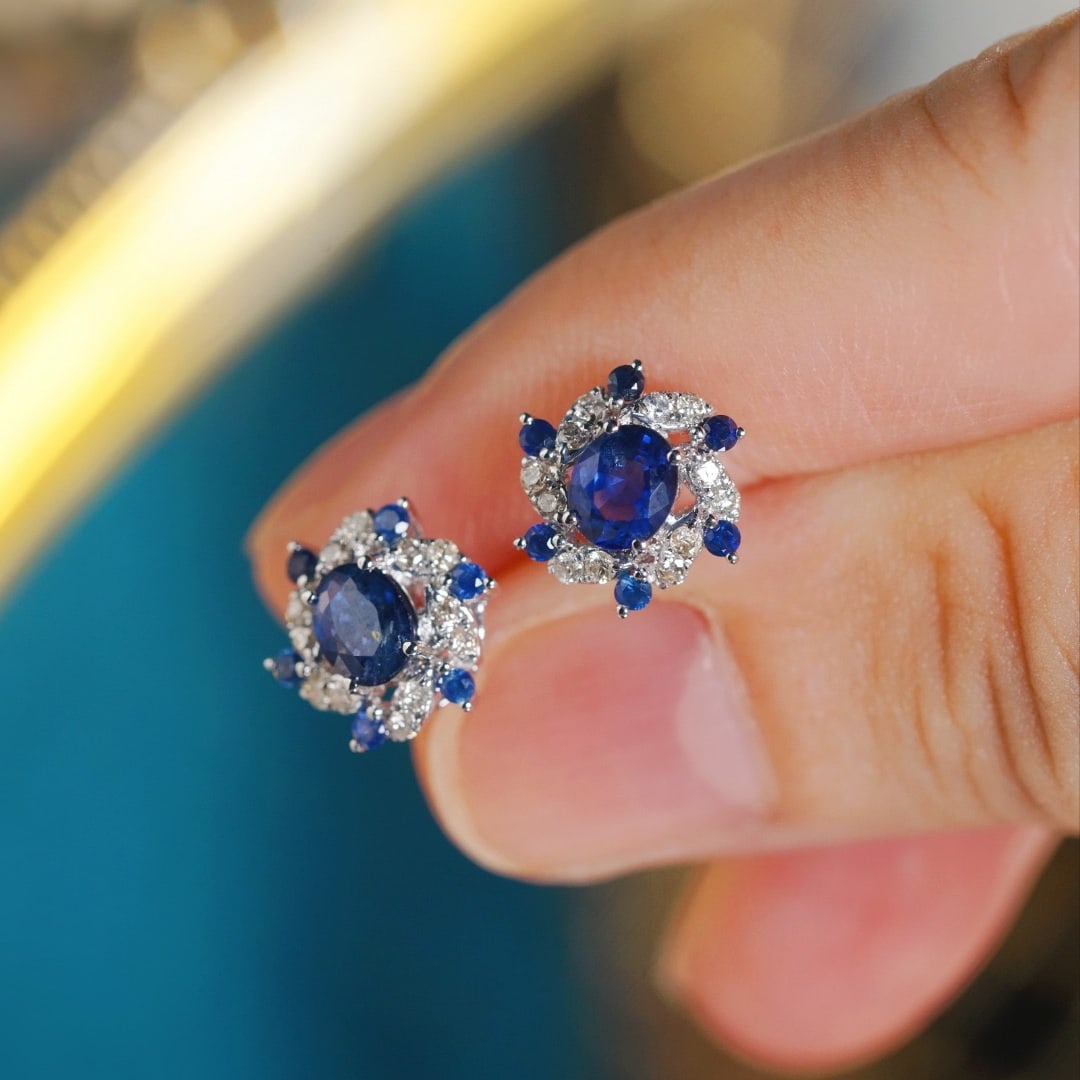 14k Gold 1.36 Ctw Natural Sapphire & Diamond Earrings - 3