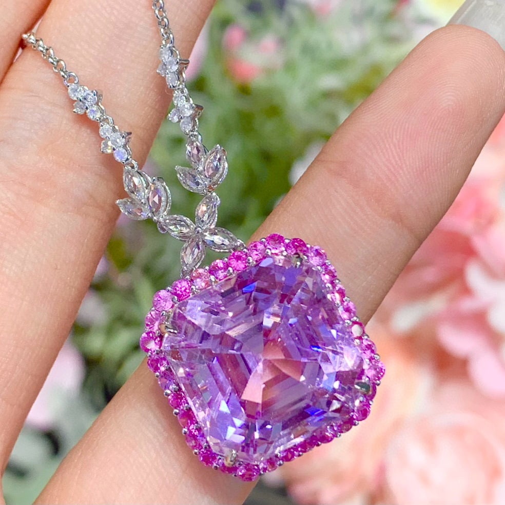 14k Gold 28.6 Ct Natural Kunzite & Sapphire & Diamond Necklace - 8