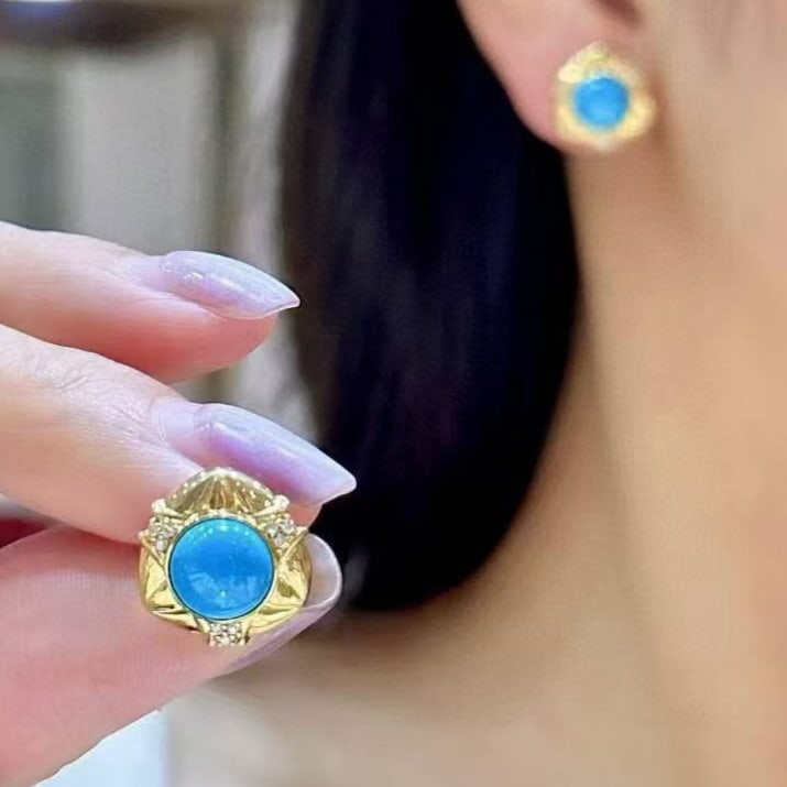 14k Gold 4.19 Ctw Natural Blue Turquoise & Diamond Earrings - 2