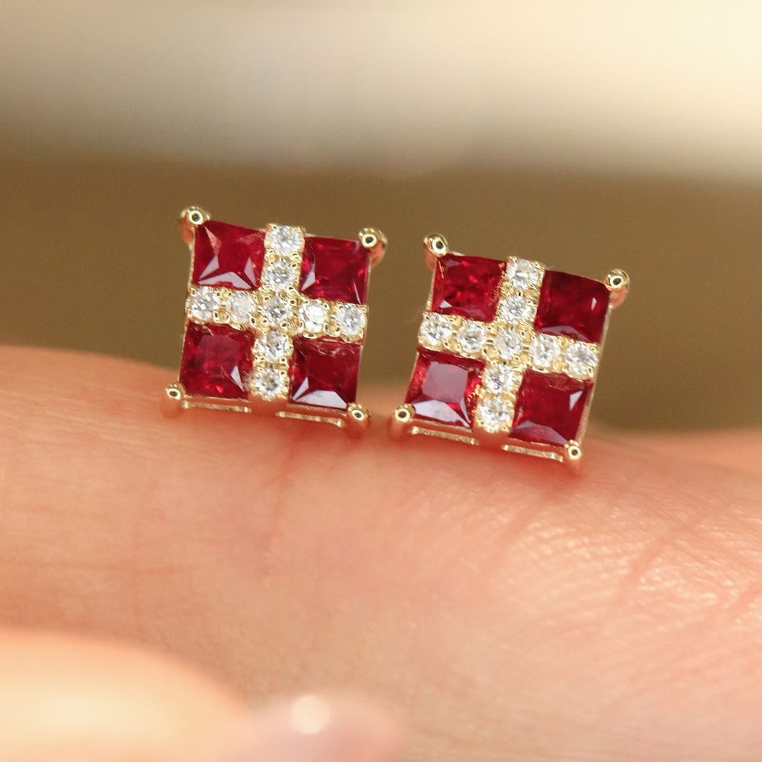 14k Gold 0.54 Ctw Natural Ruby & Diamond Earrings - 5