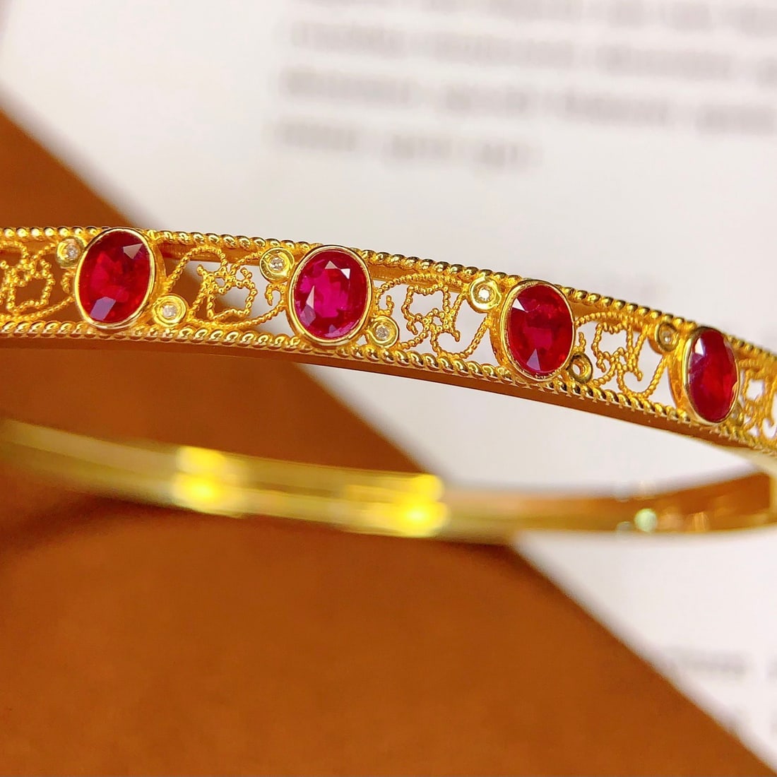 14k Gold 3 Ct Natural Ruby & Diamond Bangle - 2