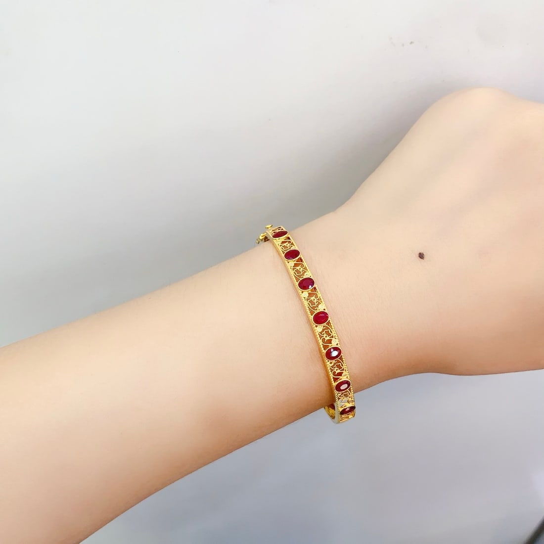 14k Gold 3 Ct Natural Ruby & Diamond Bangle - 3