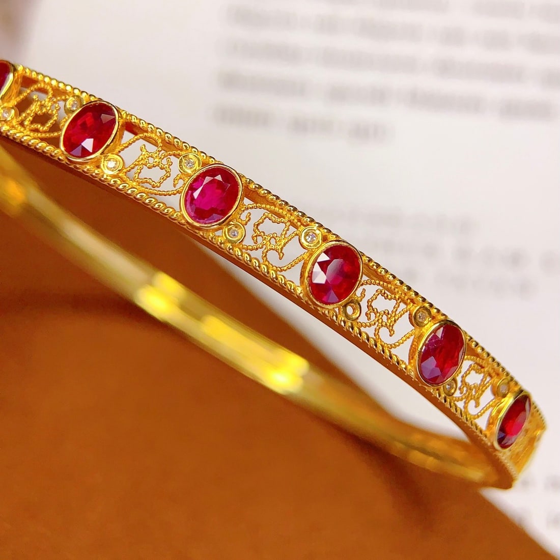 14k Gold 3 Ct Natural Ruby & Diamond Bangle - 4