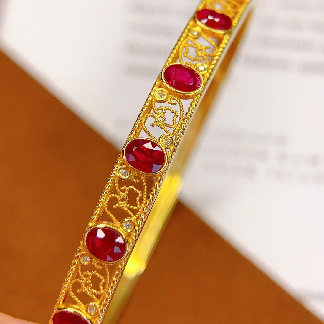 14k Gold 3 Ct Natural Ruby & Diamond Bangle - 5
