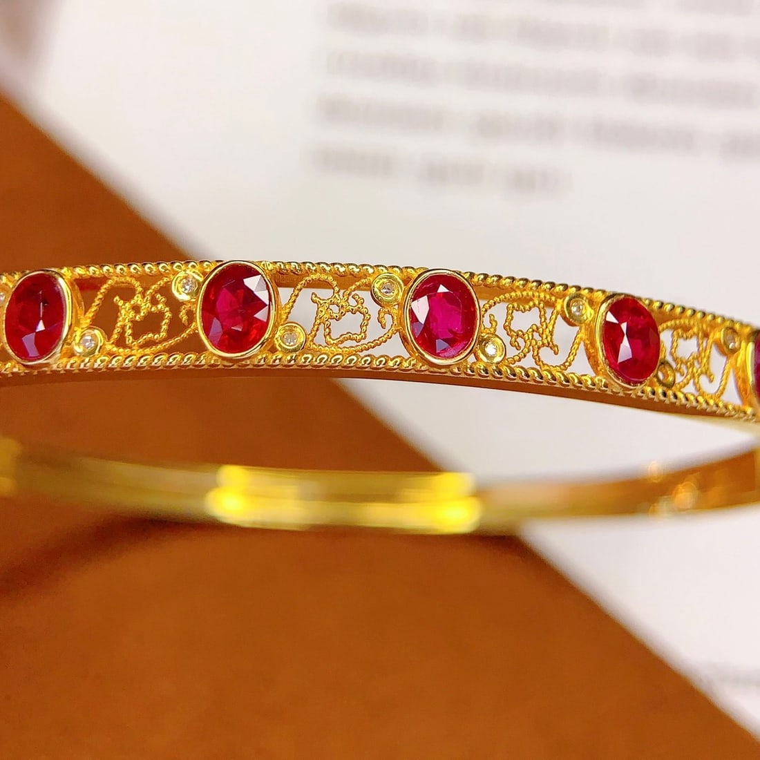 14k Gold 3 Ct Natural Ruby & Diamond Bangle - 6