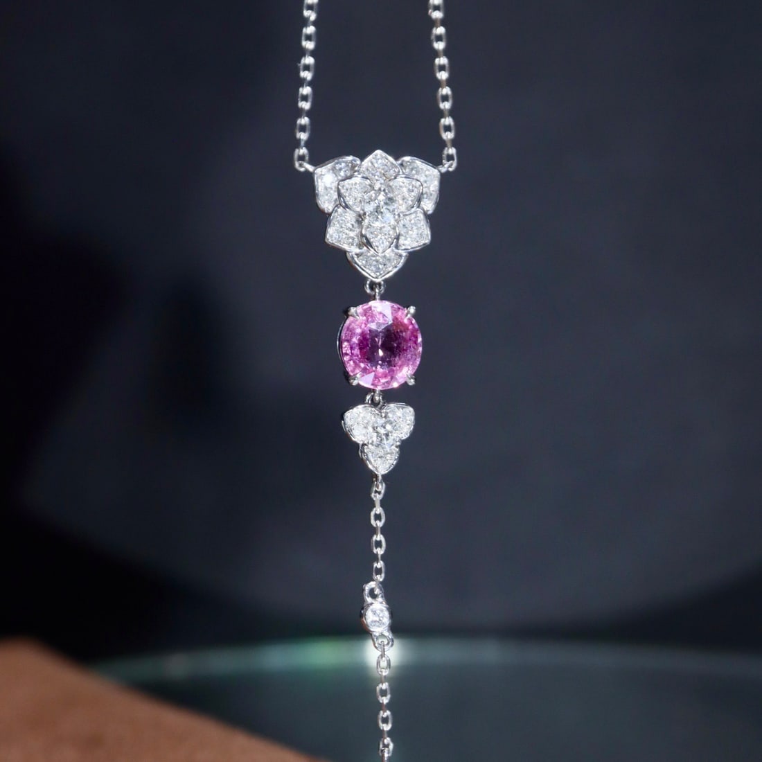 14k Gold 1.85 Ctw Natural Padparadscha Sapphire & Diamond Necklace: Ref:231169180 // gold content:14k gold // main gemstone:padparadscha sapphire // shape:multiple // carat weight:1. 62ct // color:orangish pink // treatment:natural // // adjacent gemstone 2 : diamond 