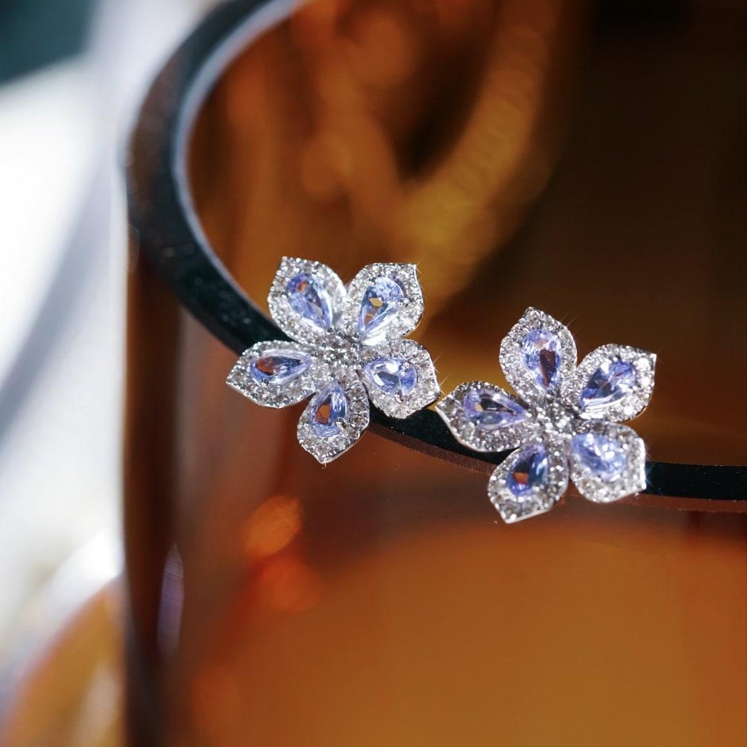 14k Gold 2.62 Ctw Natural Tanzanite & Diamond & Flowers Earrings - 2