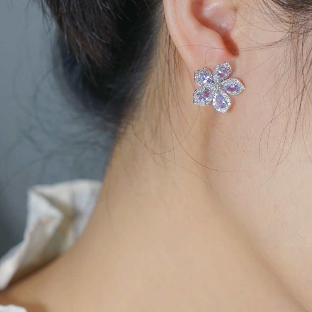 14k Gold 2.62 Ctw Natural Tanzanite & Diamond & Flowers Earrings - 3