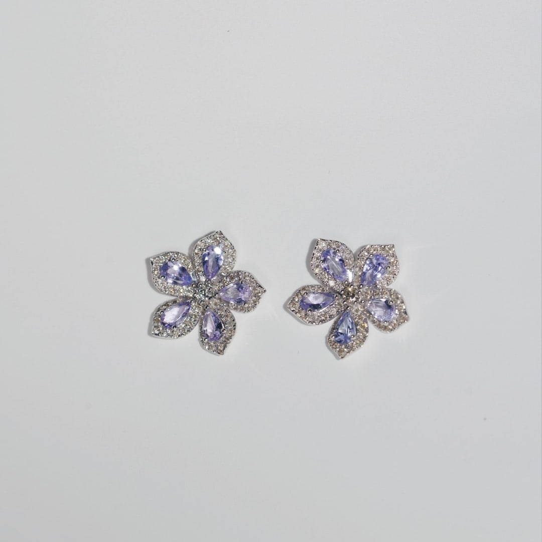 14k Gold 2.62 Ctw Natural Tanzanite & Diamond & Flowers Earrings - 4
