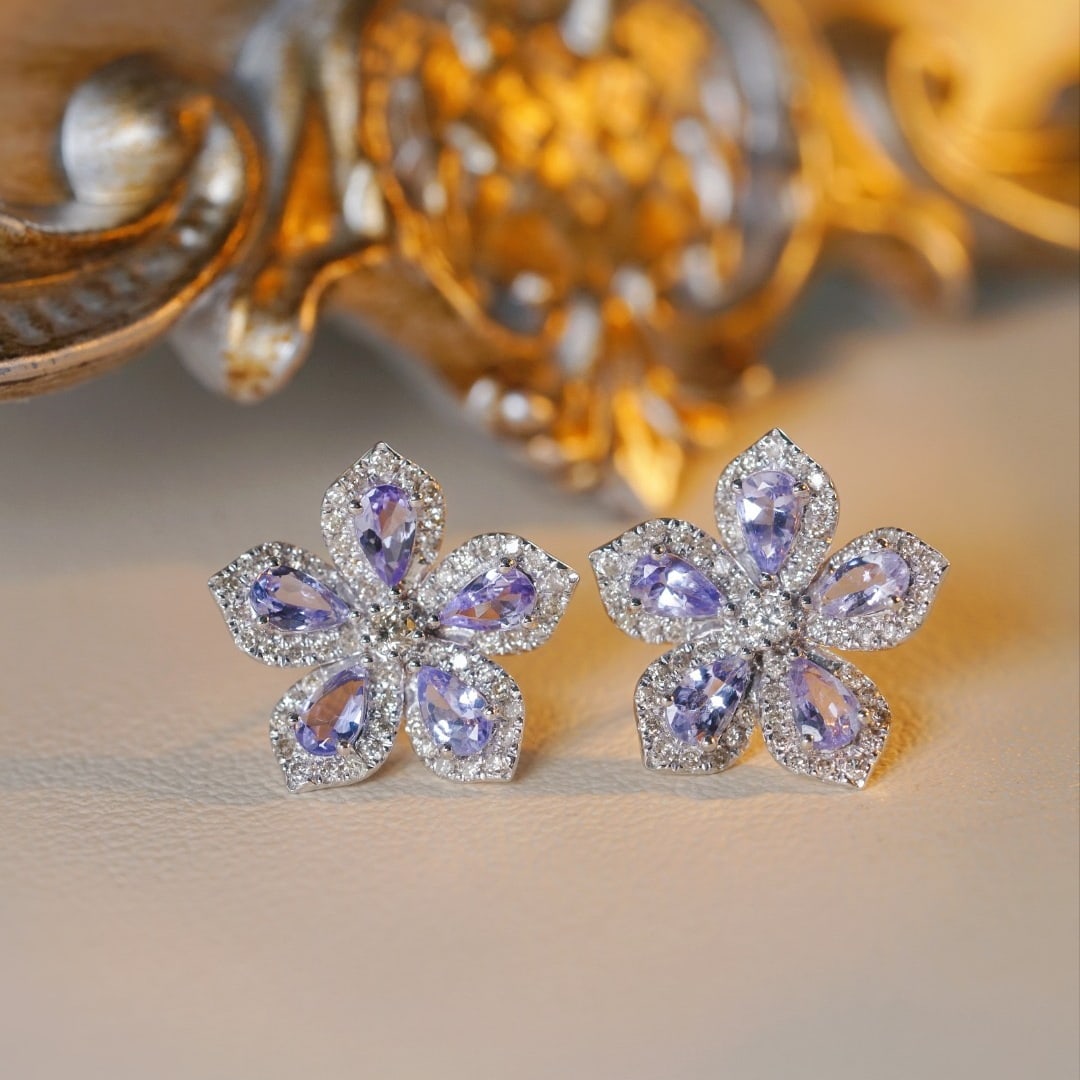 14k Gold 2.62 Ctw Natural Tanzanite & Diamond & Flowers Earrings - 6