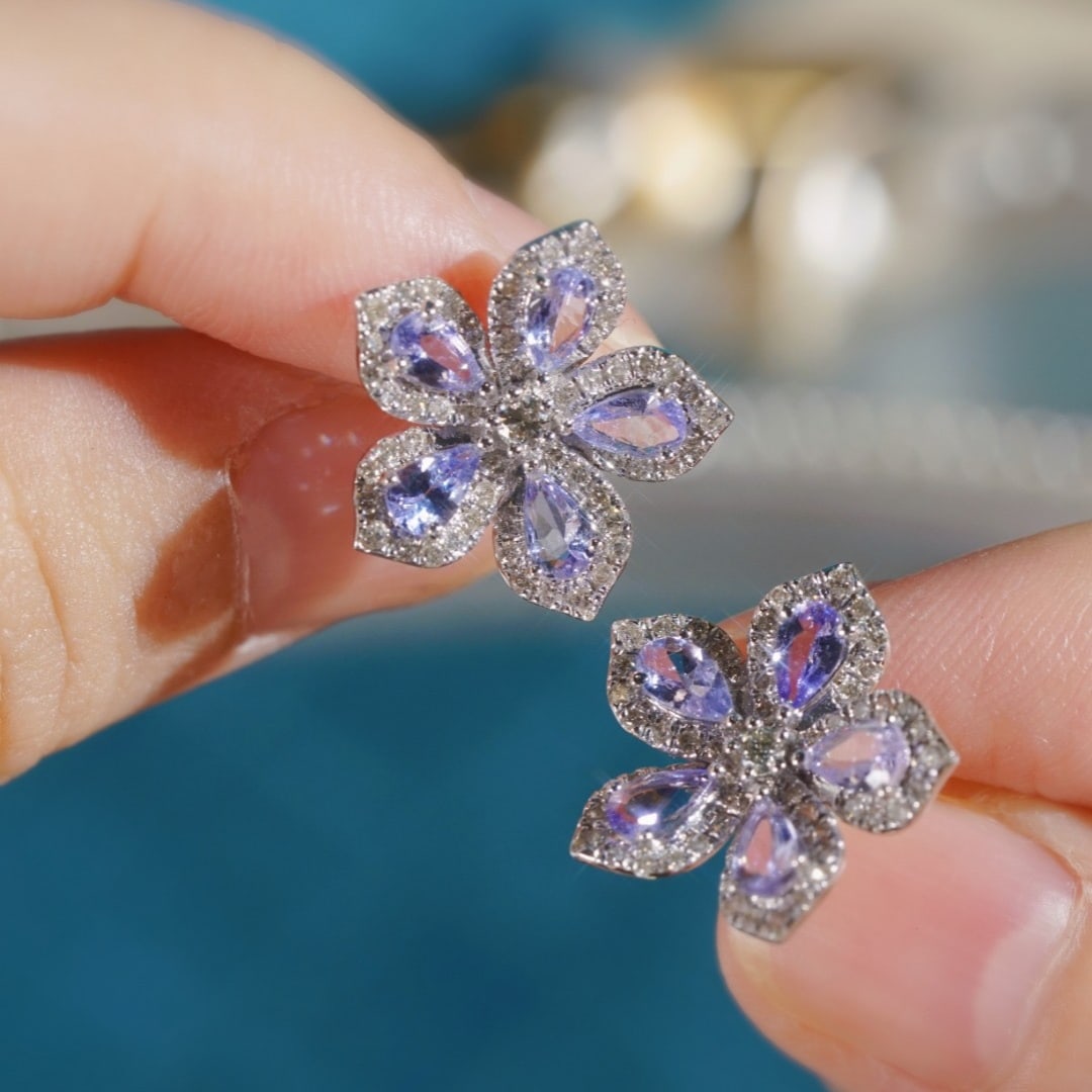 14k Gold 2.62 Ctw Natural Tanzanite & Diamond & Flowers Earrings - 7