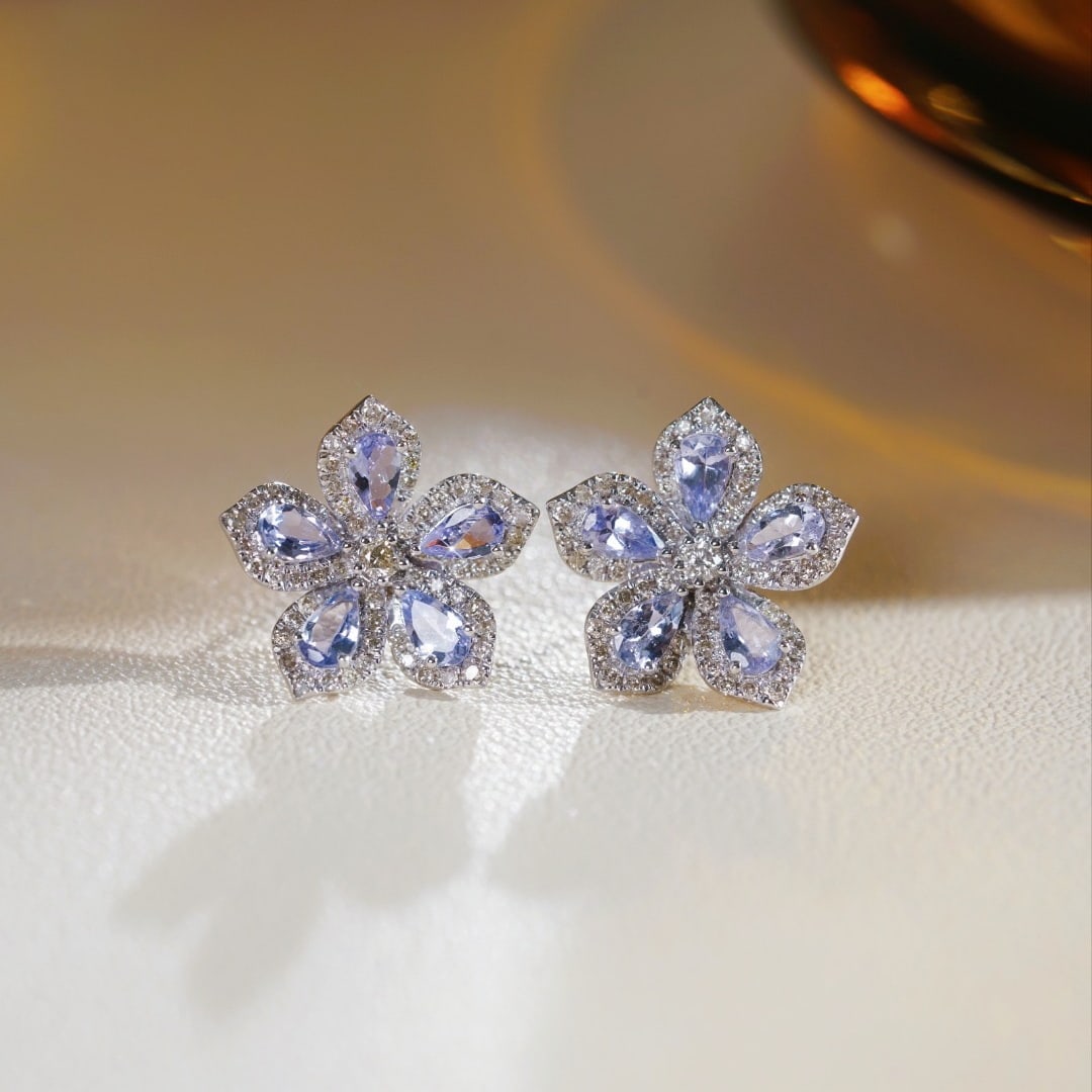 14k Gold 2.62 Ctw Natural Tanzanite & Diamond & Flowers Earrings - 8