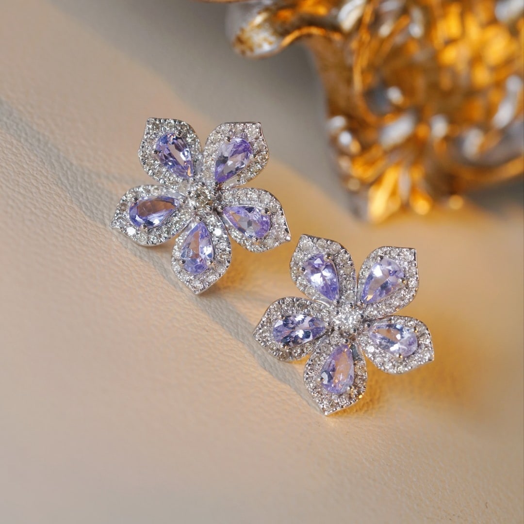 14k Gold 2.62 Ctw Natural Tanzanite & Diamond & Flowers Earrings - 9