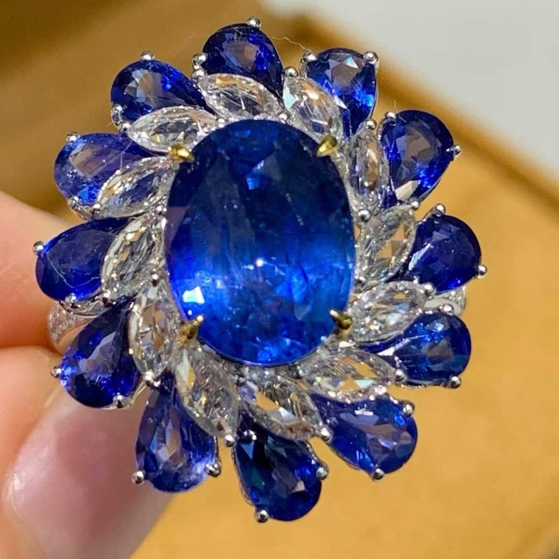 14k Gold 6.9 Ct Natural Sapphire & Sapphire & Diamond Ring - 3