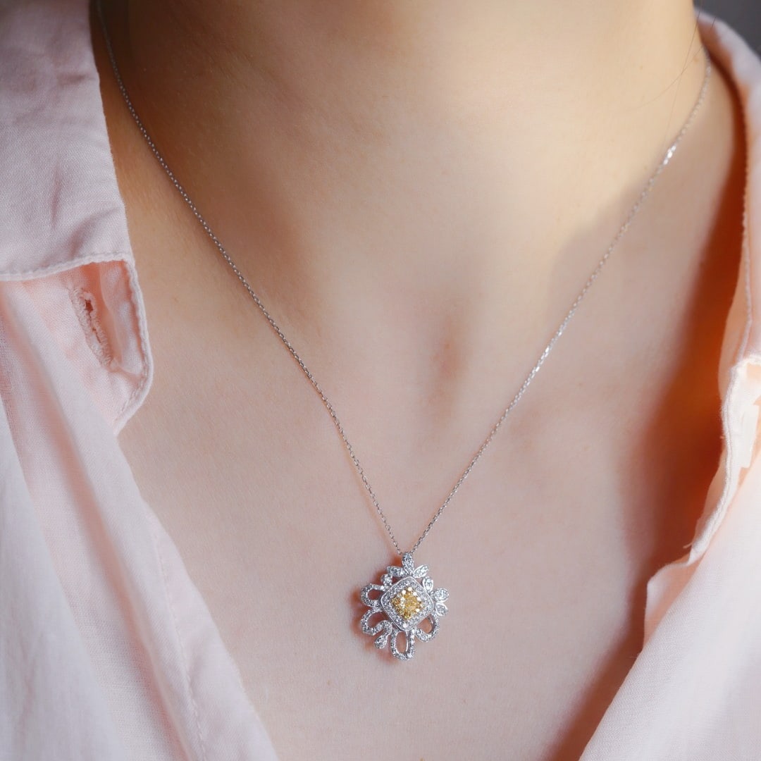 14k Gold 0.70 Ctw Natural Yellow Diamond & Diamond Necklace - 5