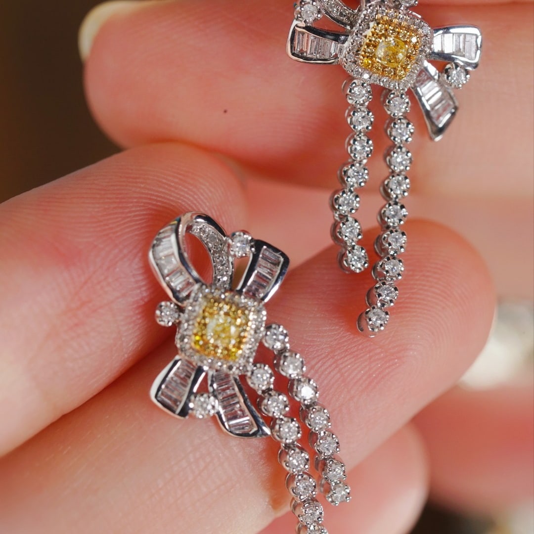 14k Gold 0.86 Ctw Natural Yellow Diamond & Diamond Earrings - 2