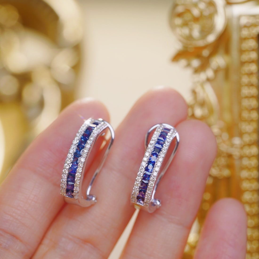 14k Gold 1.76 Ctw Natural Sapphire & Diamond Earrings: Ref:231169243 // gold content:14k gold // main gemstone:sapphire // shape:princess // carat weight:1. 36ct // color:blue // treatment:natural // // adjacent gemstone 2 : diamond // shape:round //