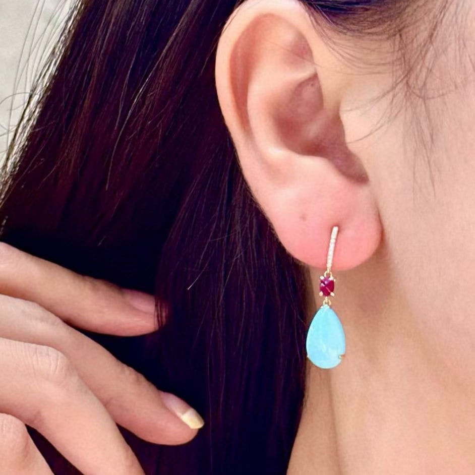 14k Gold 5.41 Ctw Natural Blue Turquoise & Ruby Earrings - 4