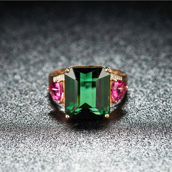 14k Gold 8.3 Ct Natural Tourmaline & Diamond & Tourmaline Ring: Ref:231170004 // gold content:14k gold // ring size:7. 25us // // main gemstone:tourmaline // shape:octagonal // carat weight:8. 3ct // color:green // treatment:natural // // adjacent gemstone 2 :