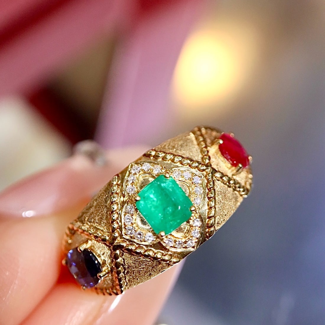 14k Gold 1.24 Ctw Natural Ruby & Sapphire & Emerald & Diamond Ring - 3