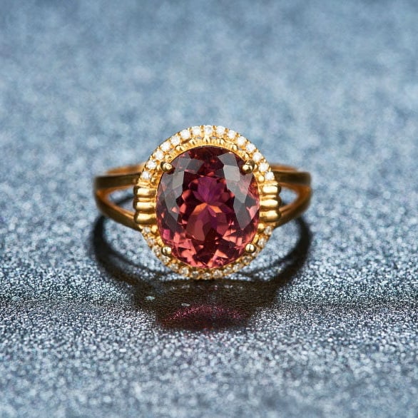 14k Gold 4.43 Ct Natural Tourmaline & Diamond Ring: Ref:231170013 // gold content:14k gold // ring size:7. 25us // // main gemstone:tourmaline // shape:oval // carat weight:4. 43ct // color:red // treatment:natural // // adjacent gemstone 2 : diamond