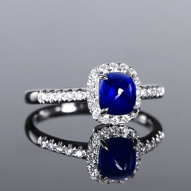 14k Gold 2.02 Ctw Natural Sapphire & Diamond Ring: Ref:231170041 // gold content:14k gold // ring size:7. 25us // // main gemstone:sapphire // shape:sugar-loaf // carat weight:1. 76ct // color:blue // treatment:natural // // adjacent gemstone 2 :