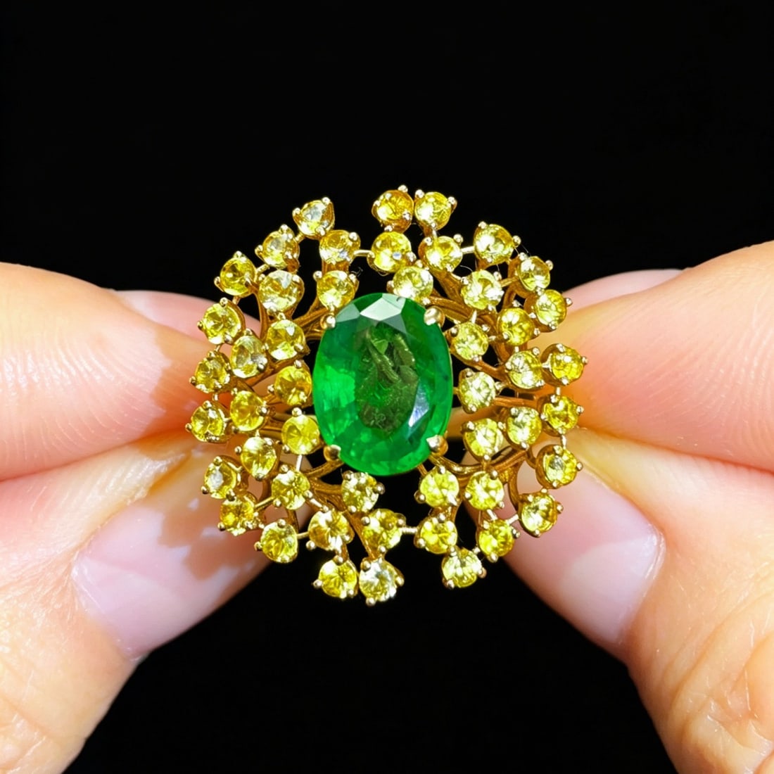 14k Gold 3.65 Ctw Natural Emerald & Sapphire Ring: Ref:231170080 // gold content:14k gold // ring size:7. 25us // // main gemstone:emerald // shape:oval // carat weight:1. 55ct // color:green // treatment:natural // // adjacent gemstone 2 : sapphire