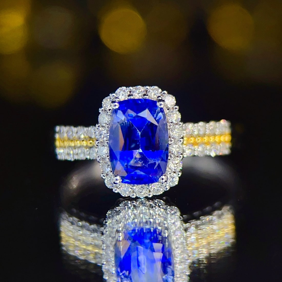 14k Gold 1.72 Ctw Natural Sapphire & Diamond Ring: Ref:231170096 // gold content:14k gold // ring size:7. 25us // // main gemstone:sapphire // shape:cushion // carat weight:1. 4ct // color:blue // treatment:natural // // adjacent gemstone 2 : diamond 