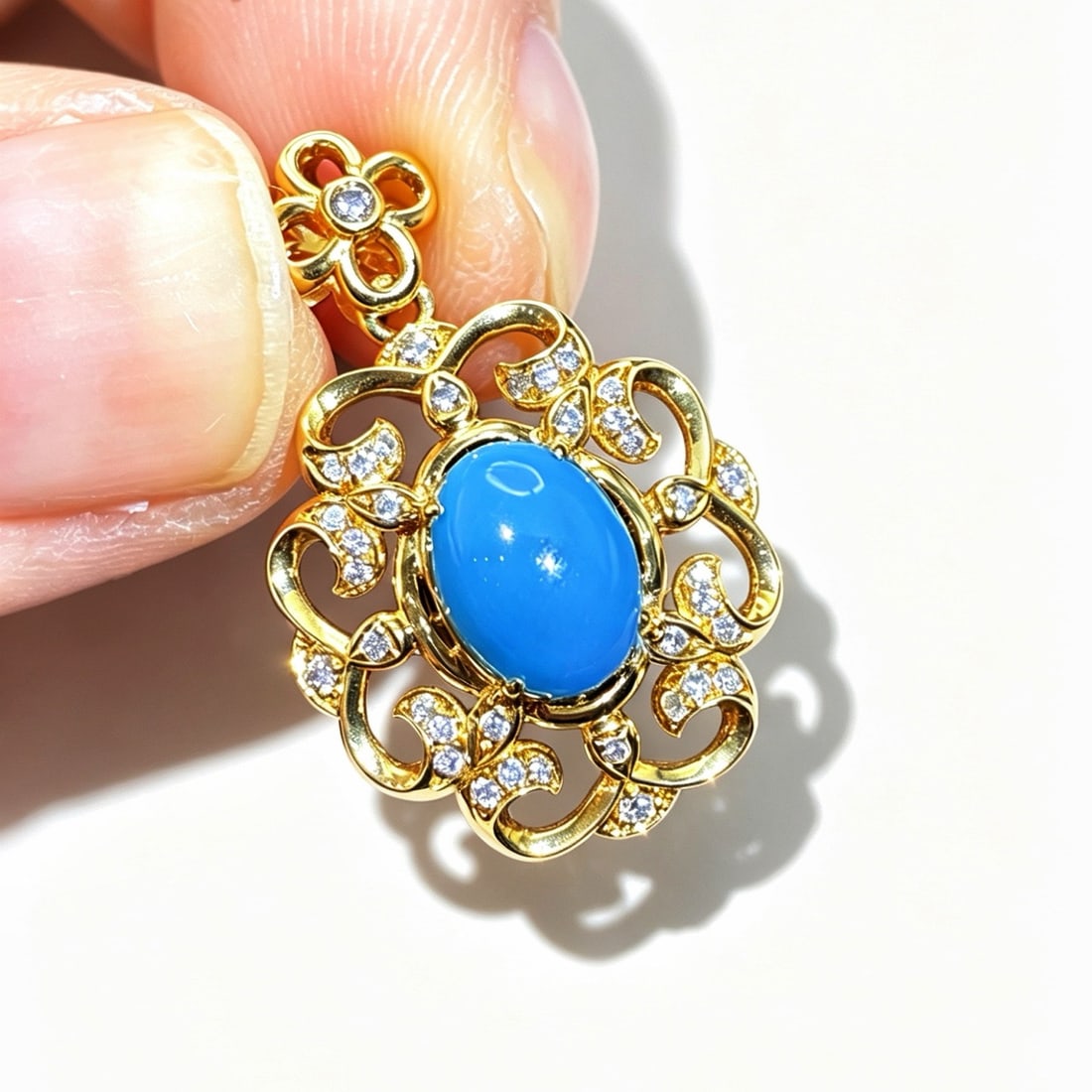 14k Gold 1.04 Ctw Natural Blue Turquoise & Diamond Pendant( Without Chain ) - 2