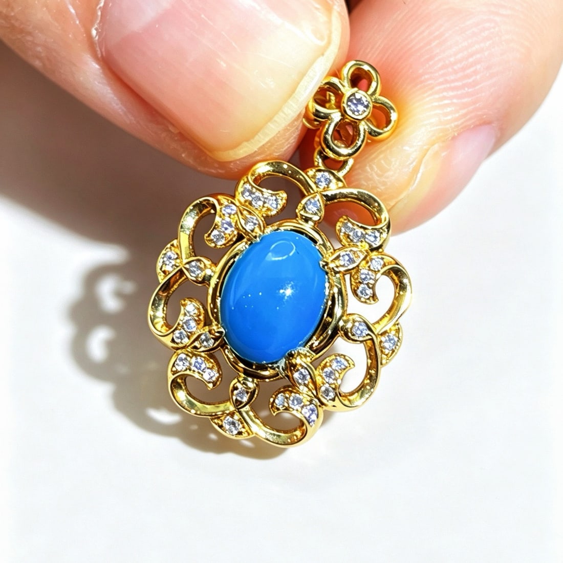 14k Gold 1.04 Ctw Natural Blue Turquoise & Diamond Pendant( Without Chain ) - 3
