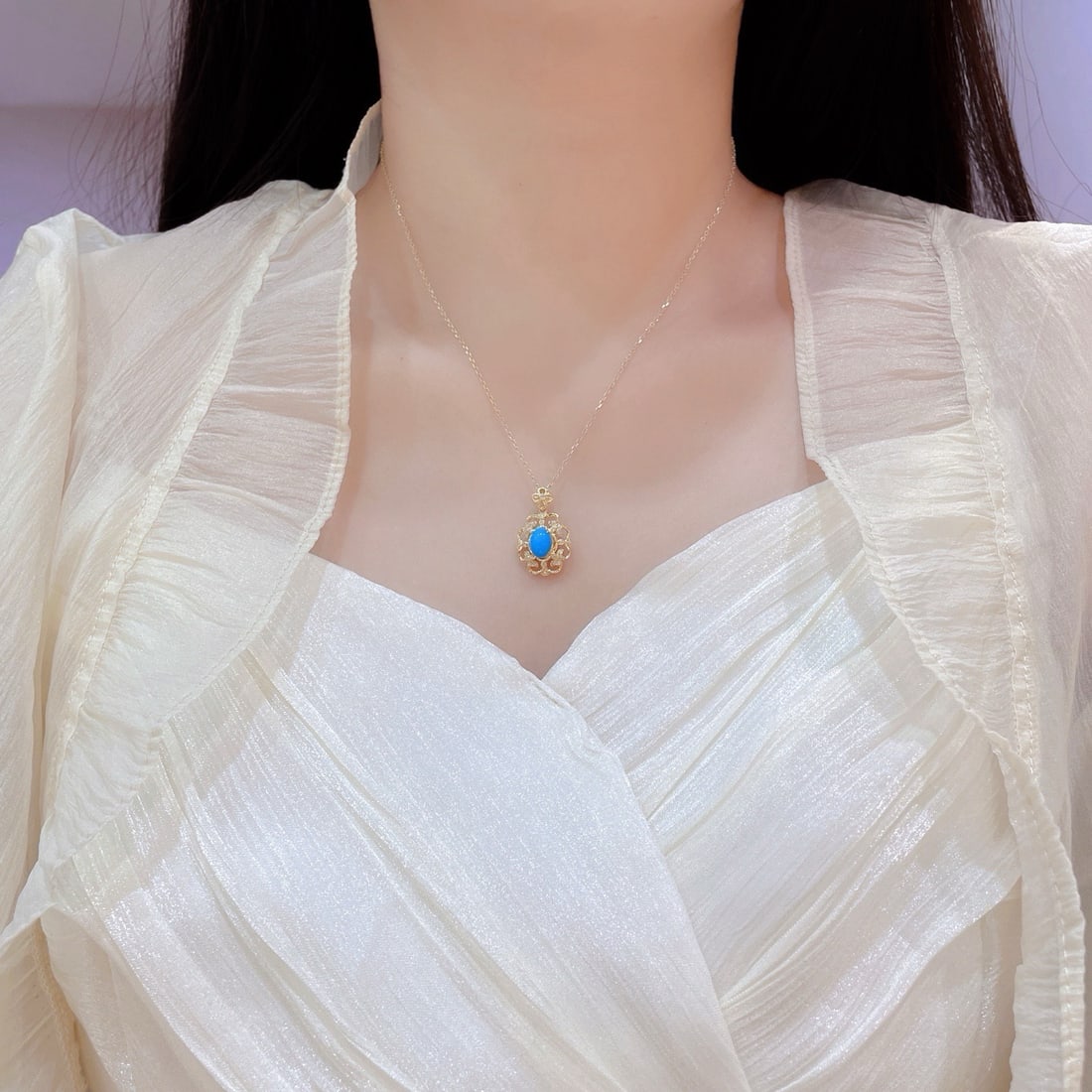 14k Gold 1.04 Ctw Natural Blue Turquoise & Diamond Pendant( Without Chain ) - 6