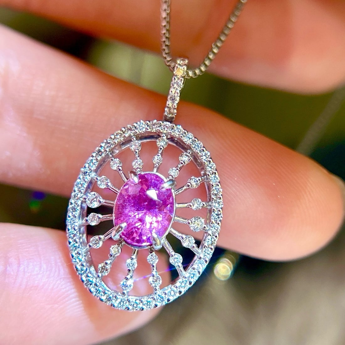 14k Gold 1.98 Ctw Natural Sapphire & Diamond Pendant( Without Chain ): Ref:231170109 // gold content:14k gold // main gemstone:sapphire // shape:oval // carat weight:1. 51ct // color:purplish pink // treatment:natural // // adjacent gemstone 2 : diamond // shape:round //