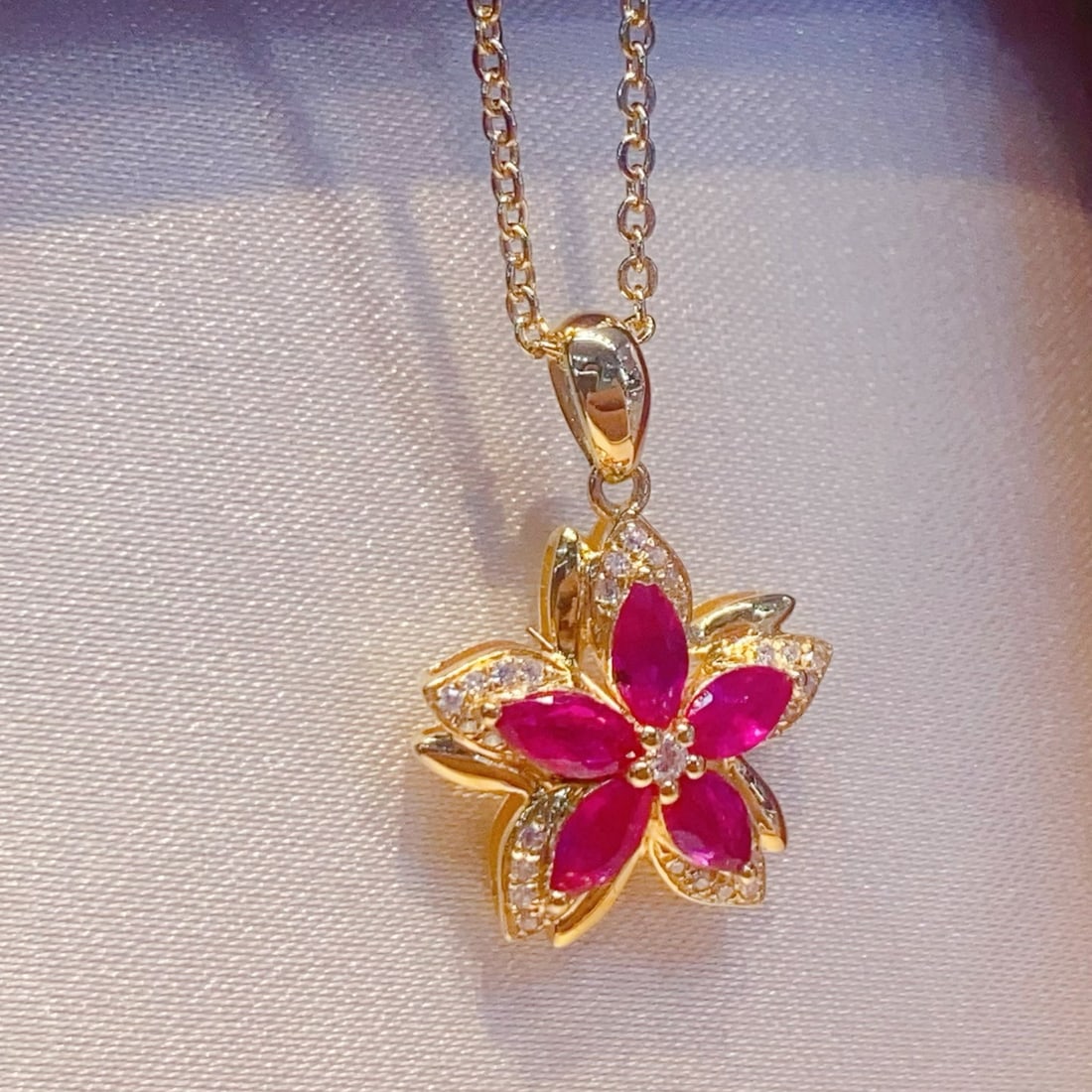 14k Gold 0.95 Ct Natural Ruby & Diamond & Flowers Pendant( Without Chain ) - 2