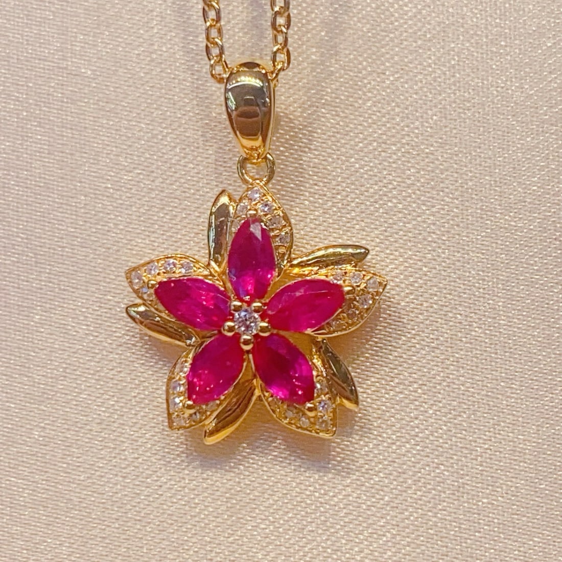 14k Gold 0.95 Ct Natural Ruby & Diamond & Flowers Pendant( Without Chain ) - 4
