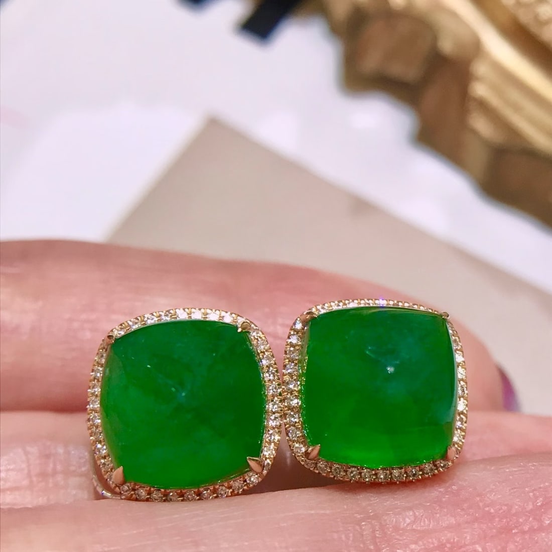 14k Gold 12.4 Ct Natural Emerald & Diamond Earrings - 2